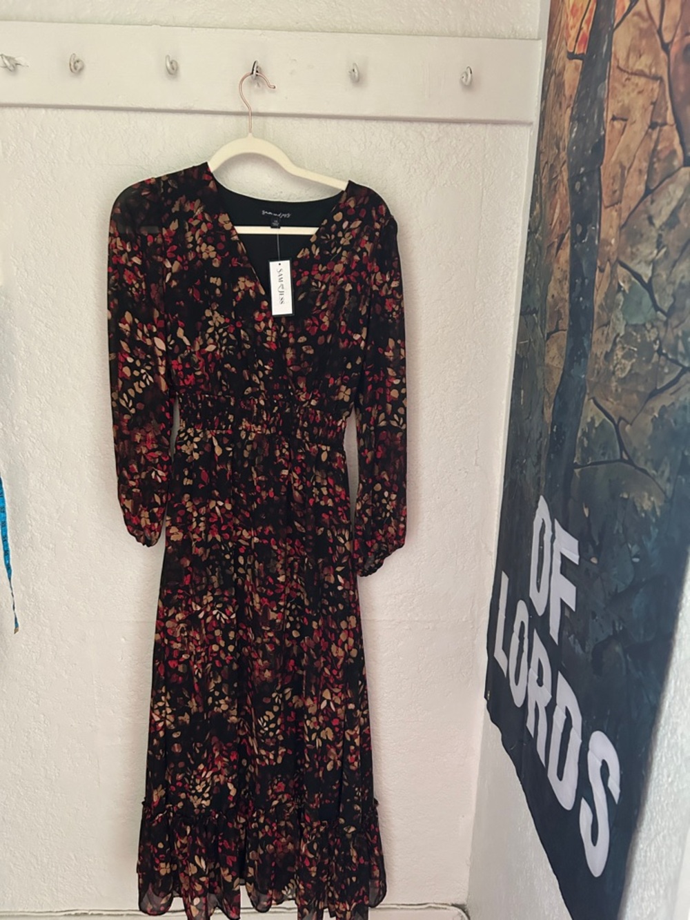 Black Floral Long-Sleeve Midi Dress